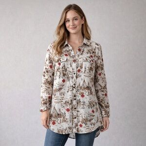 Tasha Polizzi Western Print Rolled Sleeve Tunic With Pockets White Brown Size M